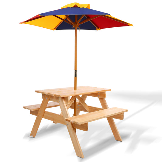 Kids Wooden Picnic Table Set with Umbrella