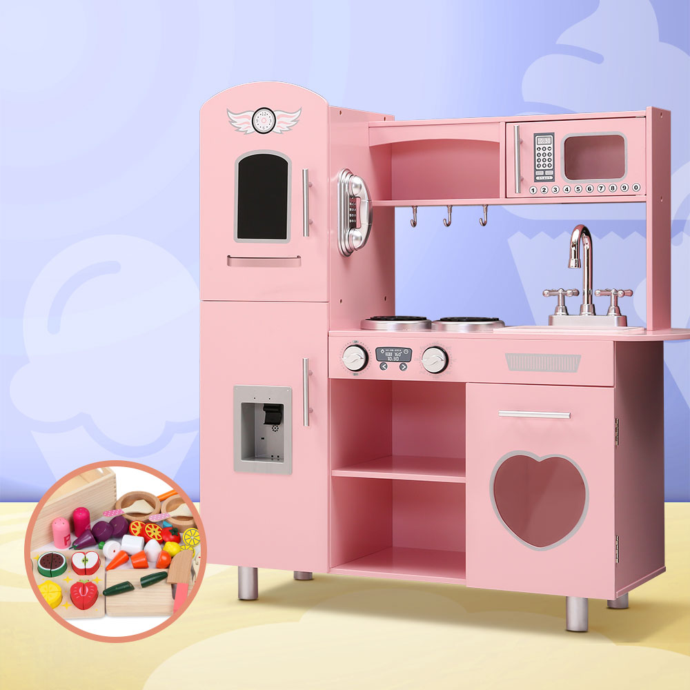 Kids Kitchen Play Set Wooden Pretend Toys Cooking Children Food Pink