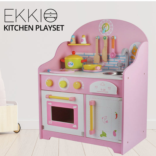 Wooden Kitchen Playset for Kids with Clock (Japanese Style Kitchen Set, Pink)