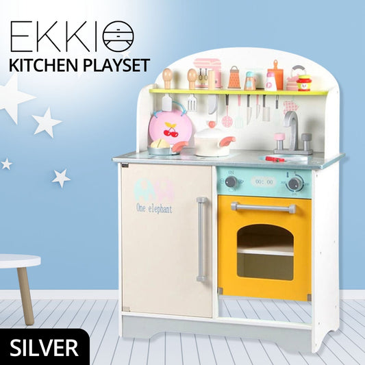 Wooden Kitchen Playset for Kids (Japanese Style Kitchen Set, Silver)