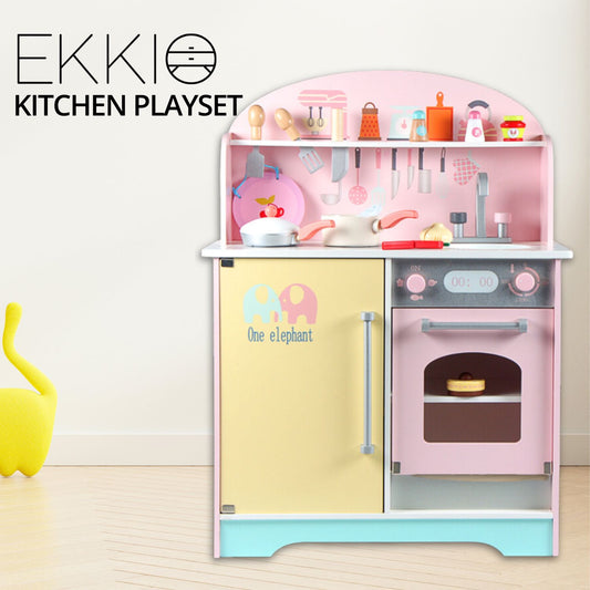 Wooden Kitchen Playset for Kids (Japanese Style Kitchen Set, Pink)